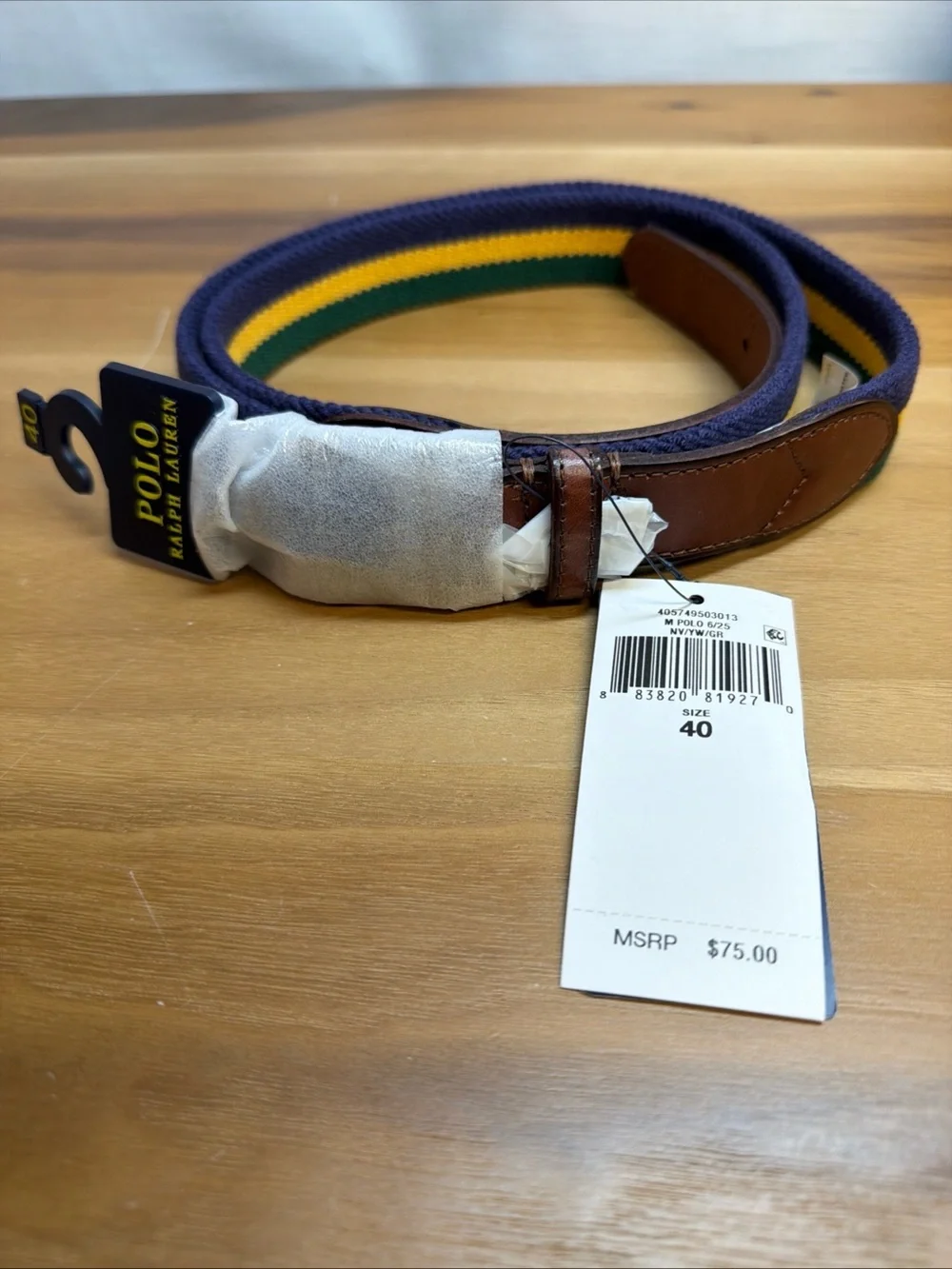 NWT Polo Ralph Lauren Men’s Woven Striped Belt Leather Trim Sz 40 Brass Buckle